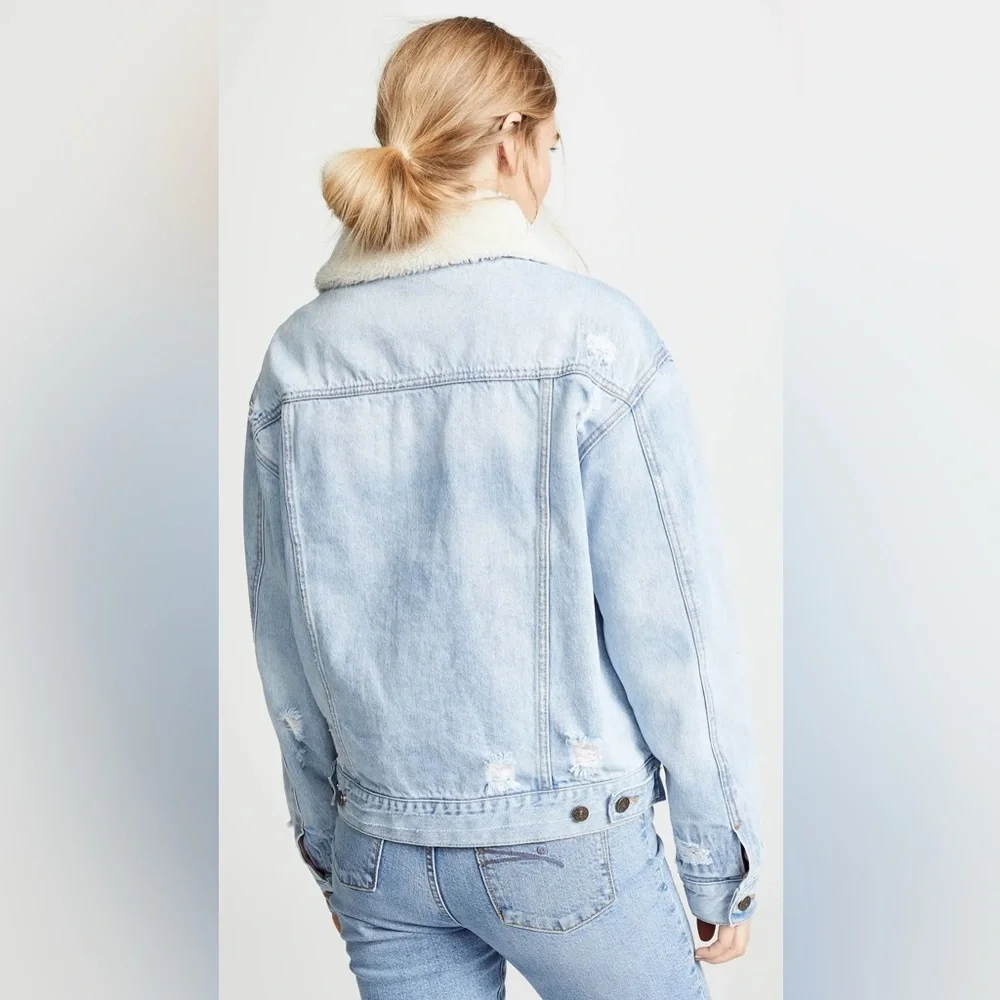 Free People Trucker Jacket Blue Flannel Lined Sherpa Distressed Women’s Small - Picture 3 of 7